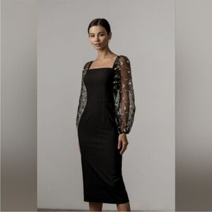 Lichi NWT Black Midi Dress with Mesh Embroidered Balloon Sleeves sz XS